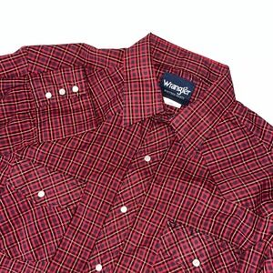 Wrangler Wrancher Pearl Snap Mens Shirt Size Large Red Black Plaid Long Sleeve